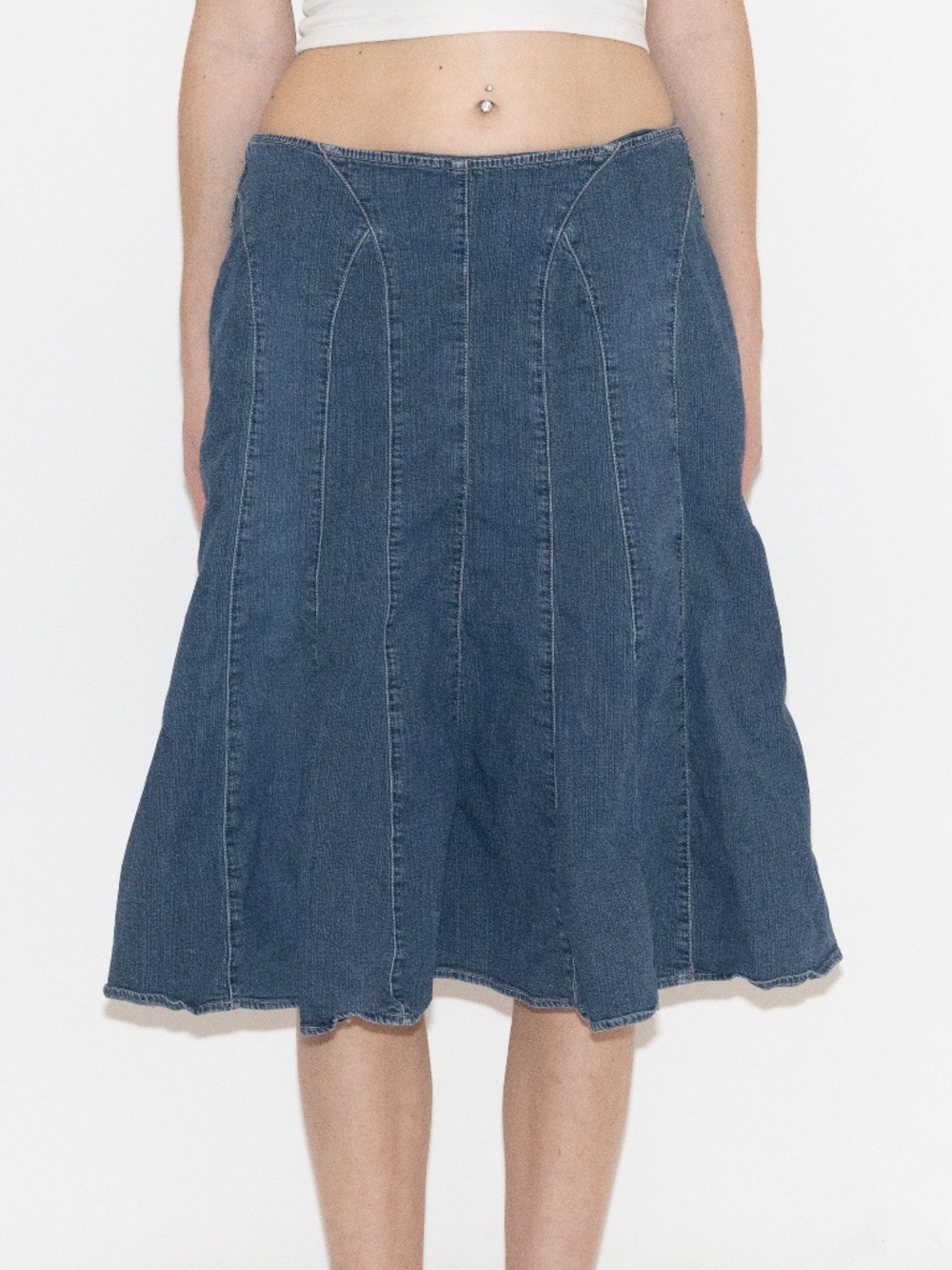 Y2k denim midi skirt dark wash stretchy size 12 AMI cotton spandex